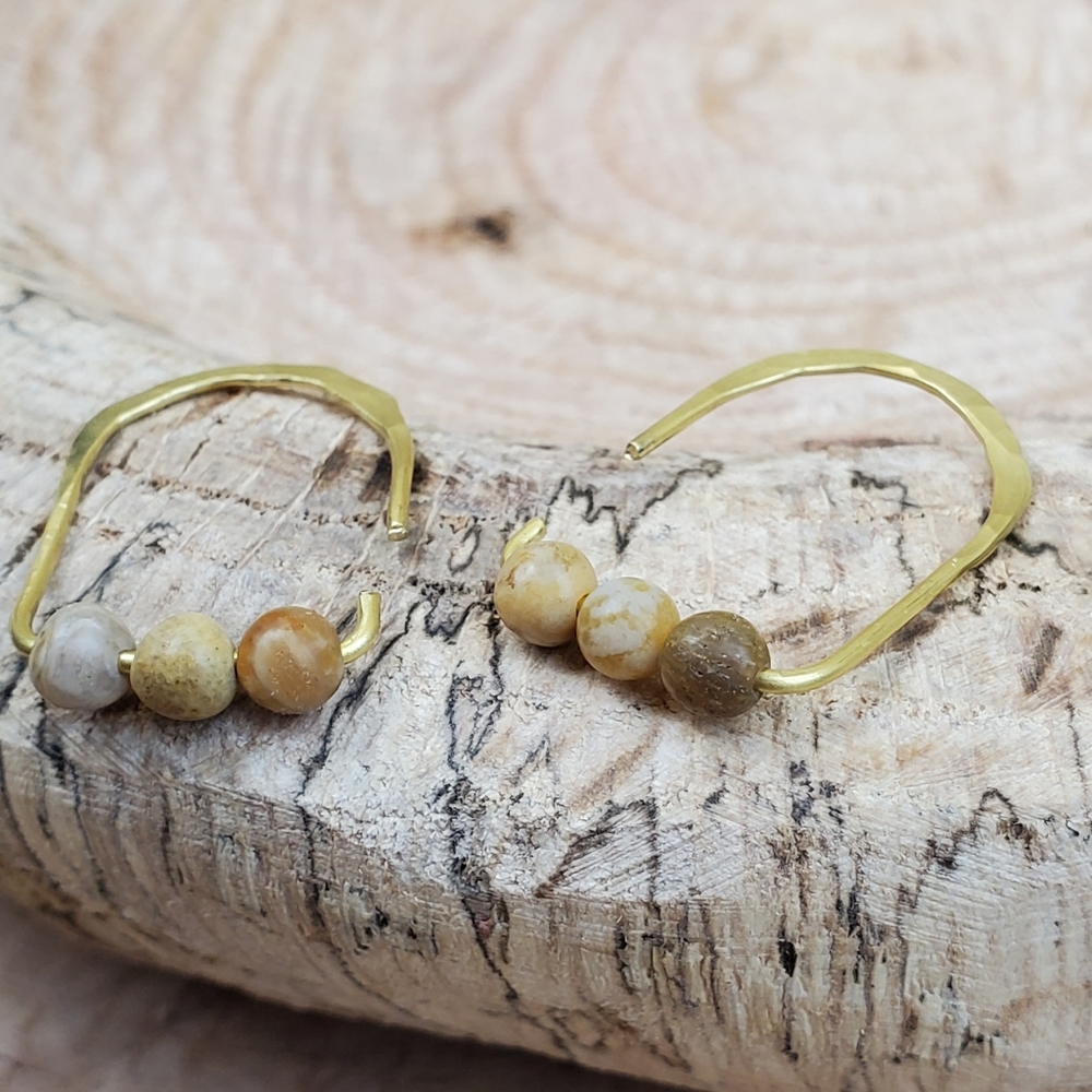 Handmade hammered semi-precious jasper modern minimalist boho earrings. 1 pair - Picture 6 of 14